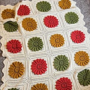 Handcrafted Floral Crochet Blanket - Red, Green, Gold